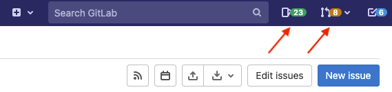 Red arrow callouts highlighting issue and merge request icons in the GitLab user interface.